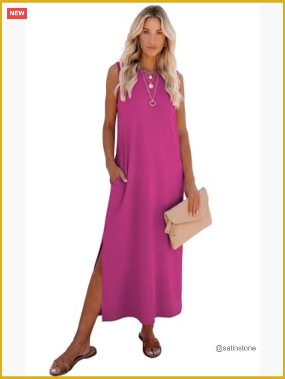Casual Maxi Side Slit Long Dress with Pockets Sleeveless Crewneck - Picture 2 of 7
